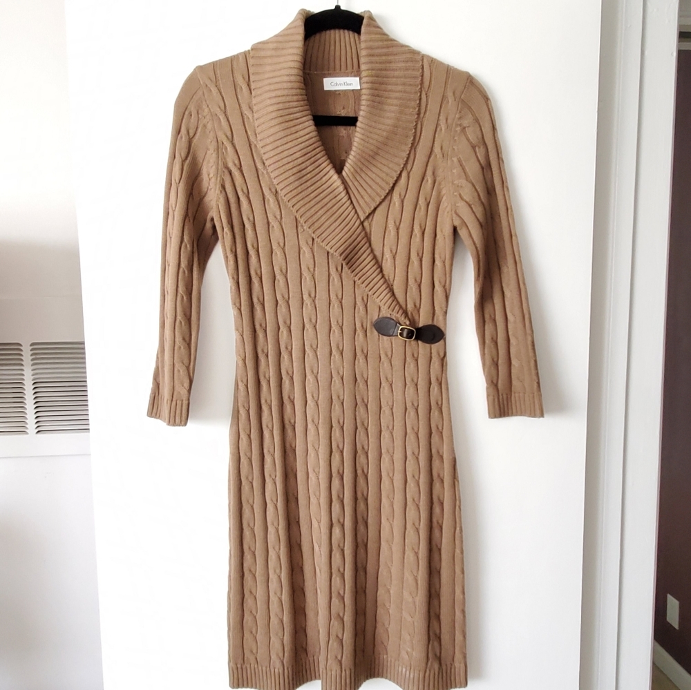 Calvin Klein Tan Cable Knit Sweater Dress
